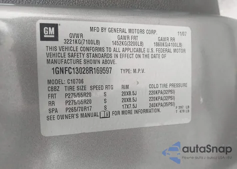 2008 Chevrolet Tahoe Ltz z USA, uszkodzony, nr VIN 1GNFC13028R169597